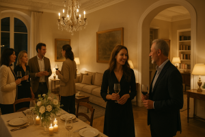Una elegante scena di un evento in un ambiente domestico ampio e luminoso, con p