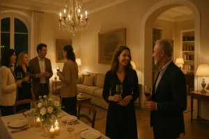 Una elegante scena di un evento in un ambiente domestico ampio e luminoso, con p