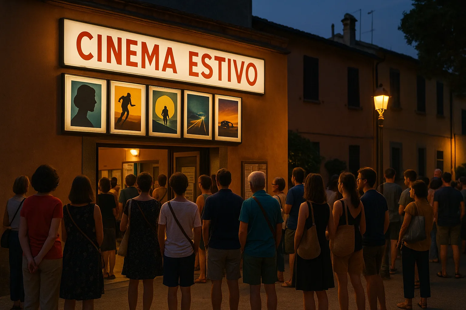 Locandina di un cinema estivo con diverse proiezioni e pubblico in attesa davanti all'ingresso, atmosfera serale calda e accogliente