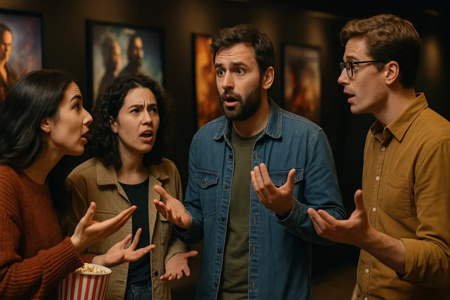 Un gruppo di amici al cinema che discute animatamente di un film appena visto, con poster sullo sfondo e luci soffuse
