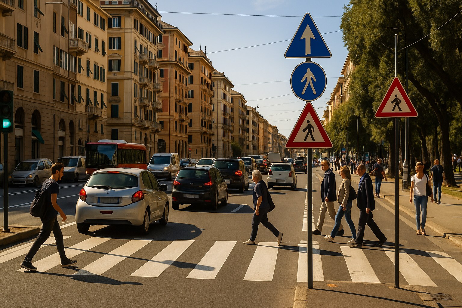 Una ripresa urbana di corso Italia a Genova con traffico, pedoni sulle strisce e segnali stradali chiari in una giornata di sole