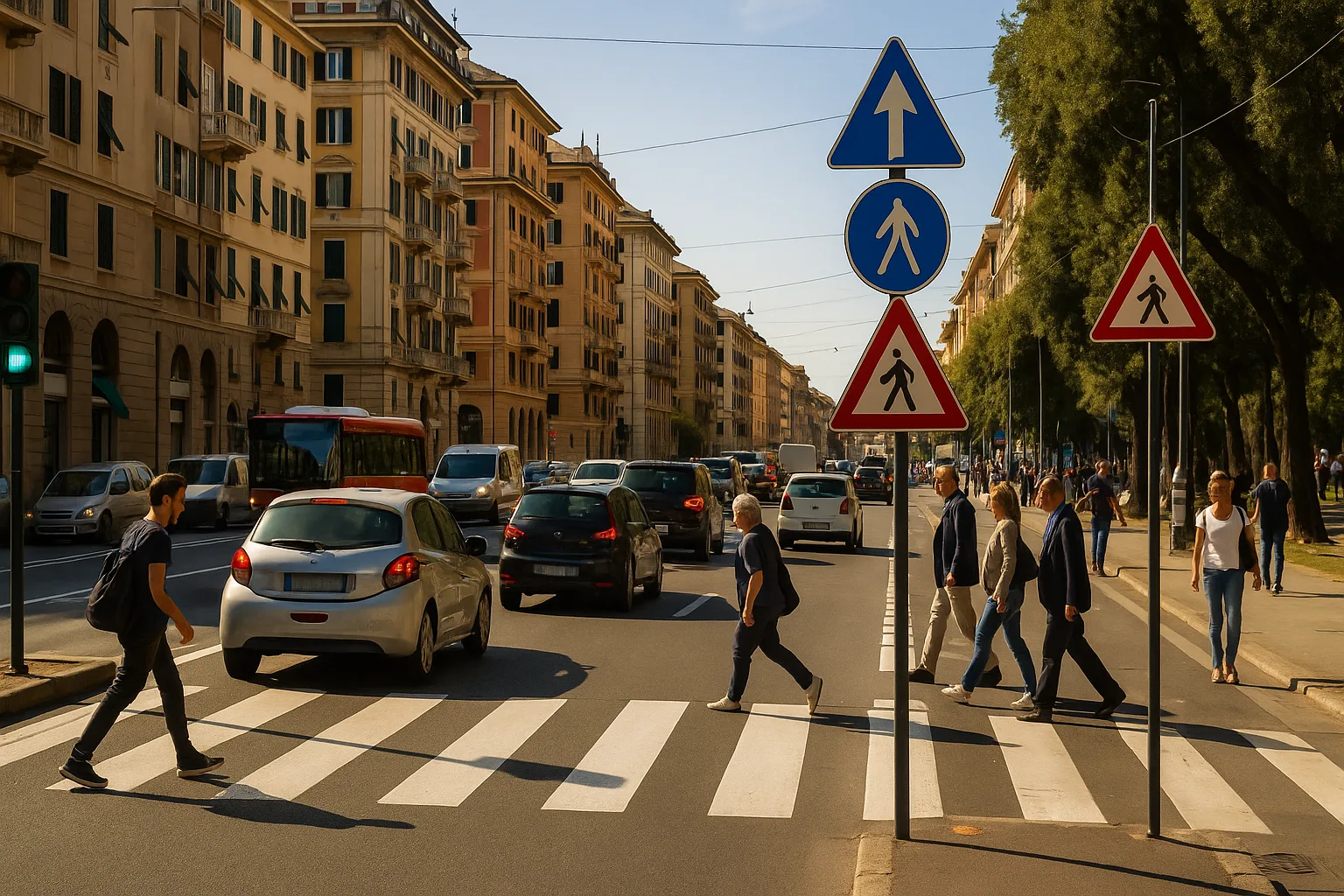 Una ripresa urbana di corso Italia a Genova con traffico, pedoni sulle strisce e segnali stradali chiari in una giornata di sole