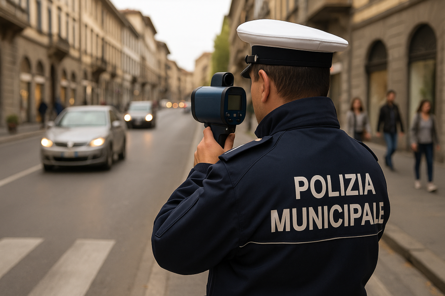 Un agente di polizia municipale che controlla la zona di corso Italia con un rilevatore di velocità, mentre passano auto e pedoni