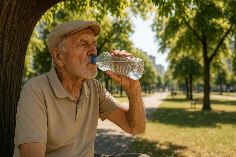 Anziano che beve acqua mentre si ripara dal sole sotto un albero in un parco cittadino in una giornata calda
