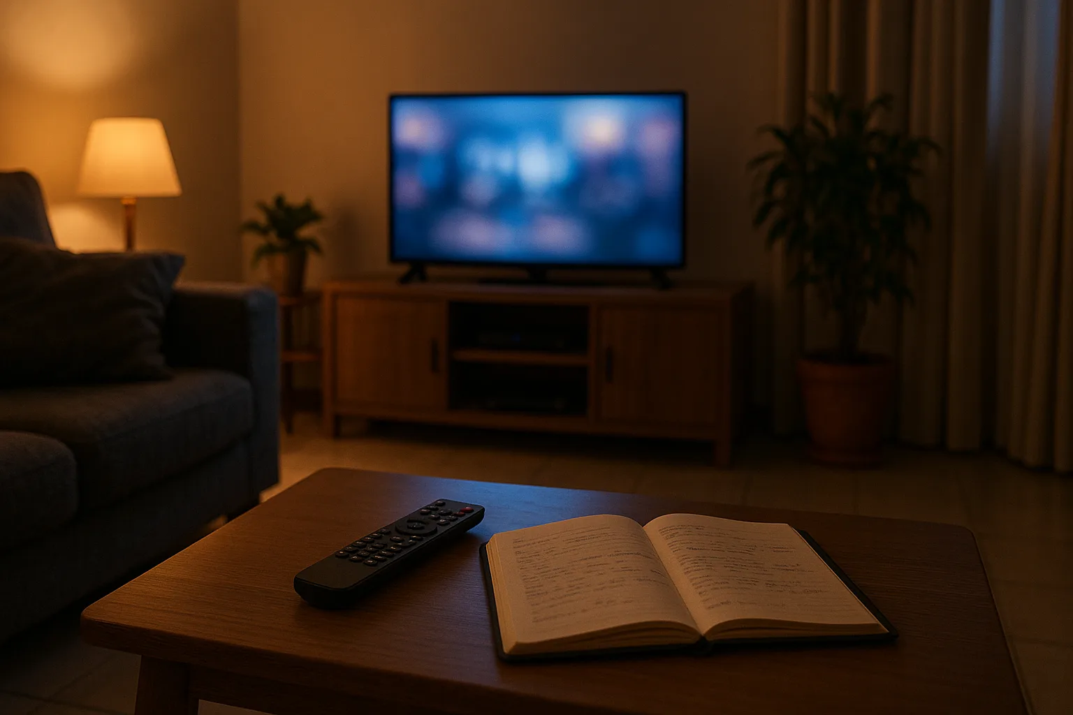 Soggiorno serale con televisore e telecomando per la guida programmi tv