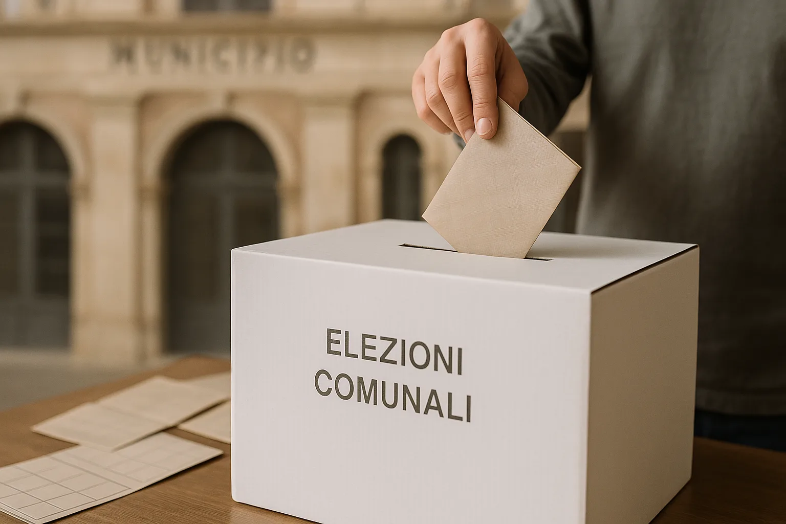 Urna elettorale e municipio per le comunali 2026