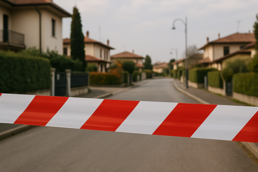 Nastro di polizia in una strada tranquilla di provincia