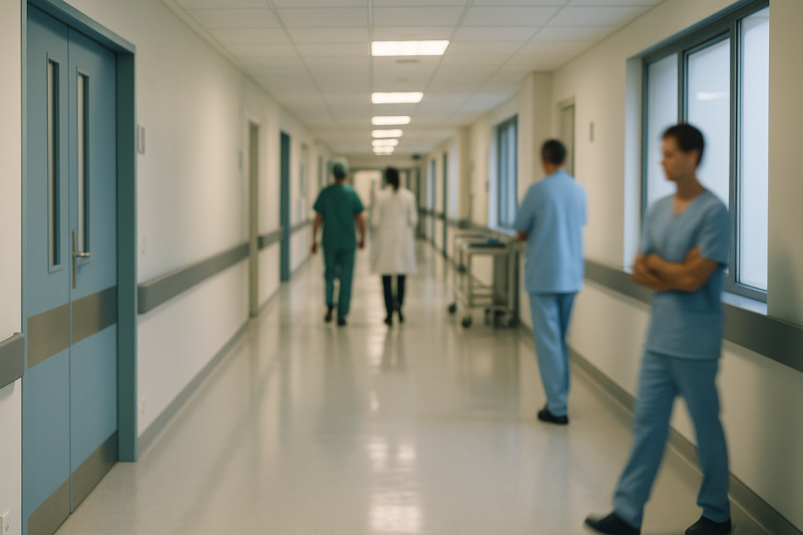 Corridoio ospedaliero durante controlli sanitari preventivi