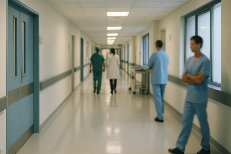 Corridoio ospedaliero durante controlli sanitari preventivi