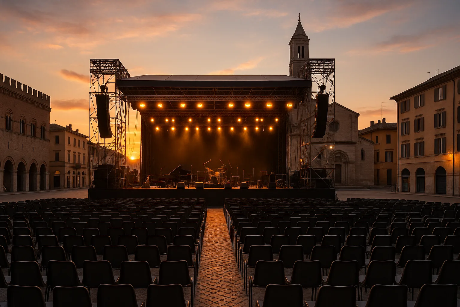 Palco concerto all’aperto in una piazza storica italiana