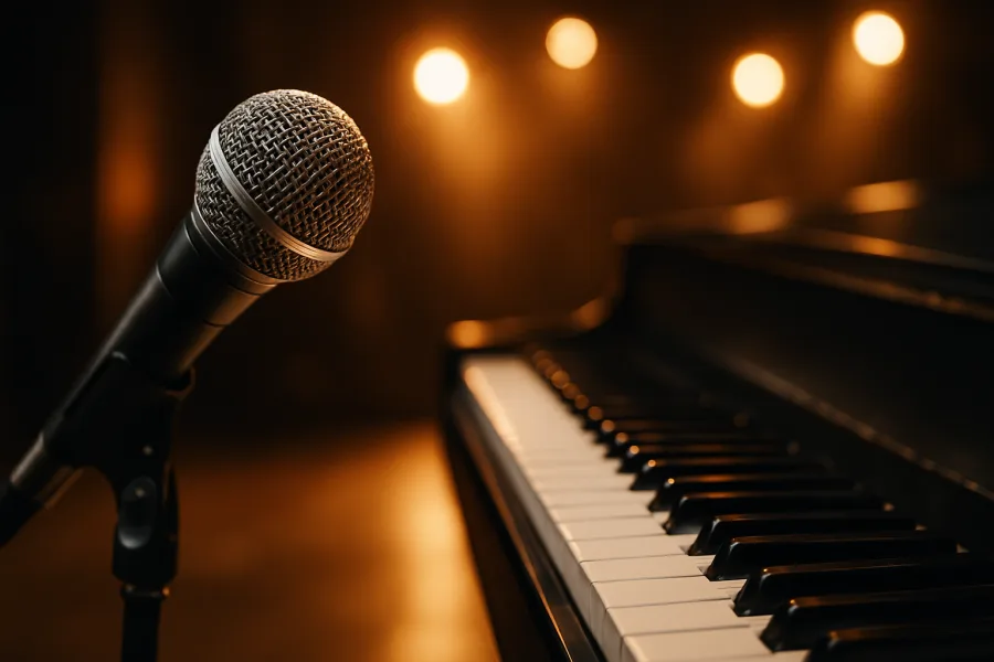 Microfono e pianoforte su palco illuminato