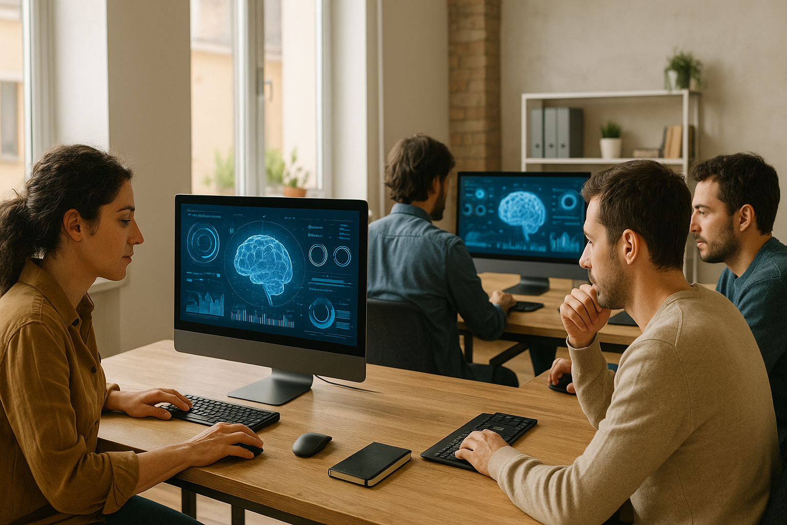 Ufficio startup italiana con schermi dedicati ad AI