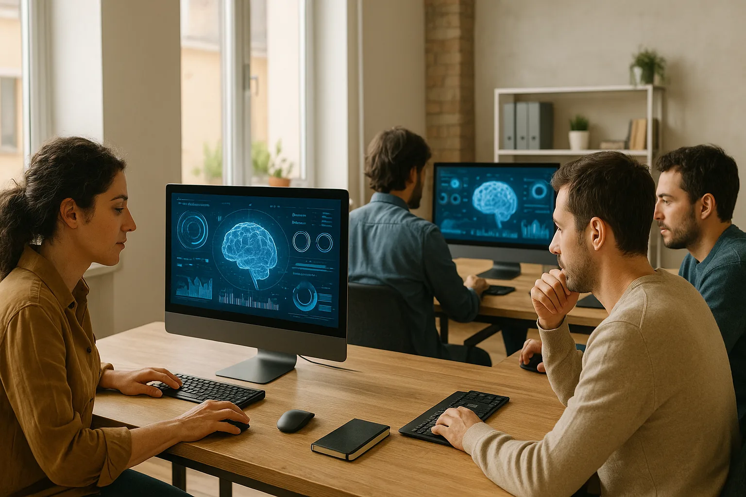 Ufficio startup italiana con schermi dedicati ad AI