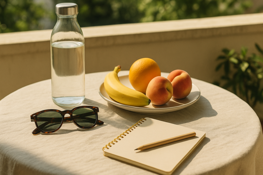 Tavolo estivo con acqua frutta e occhiali da sole