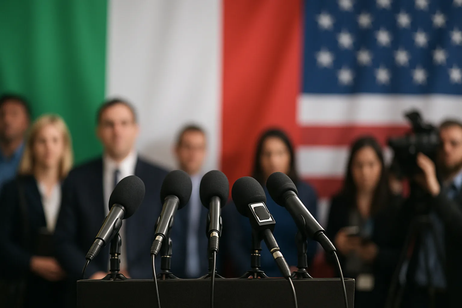 Podio diplomatico con microfoni e colori Italia Stati Uniti