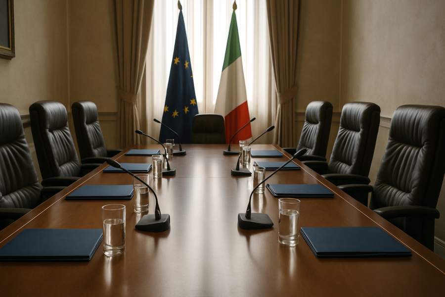 Sala colloqui diplomatici con sedie vuote e documenti