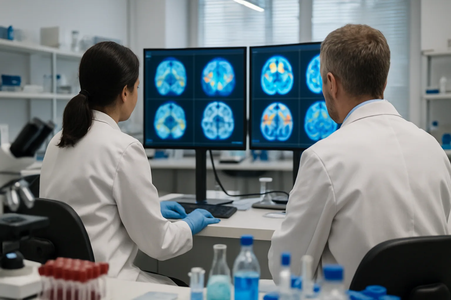 Laboratorio biomedico con immagini neurologiche sfocate