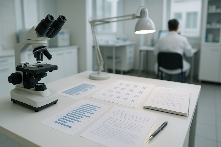 Scrivania di ricerca clinica con microscopio e dati genetici