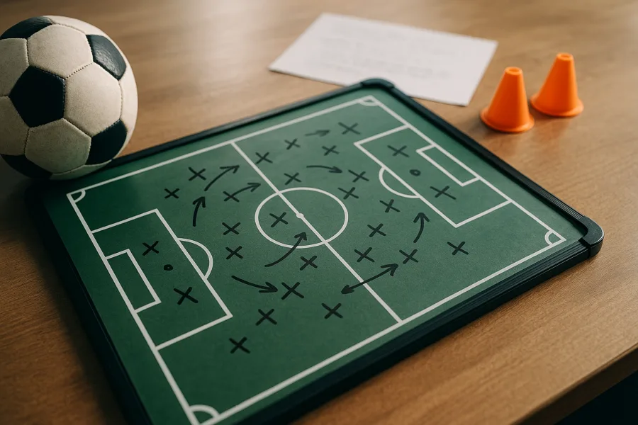 Lavagna tattica calcio con pallone e appunti non leggibili