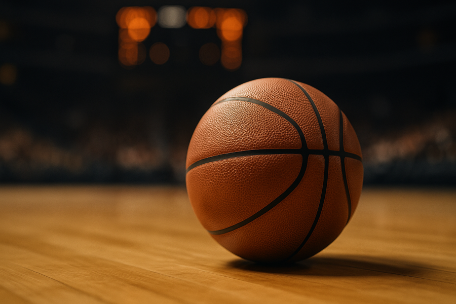 Pallone da basket e tabellone luminoso sfocato in palazzetto