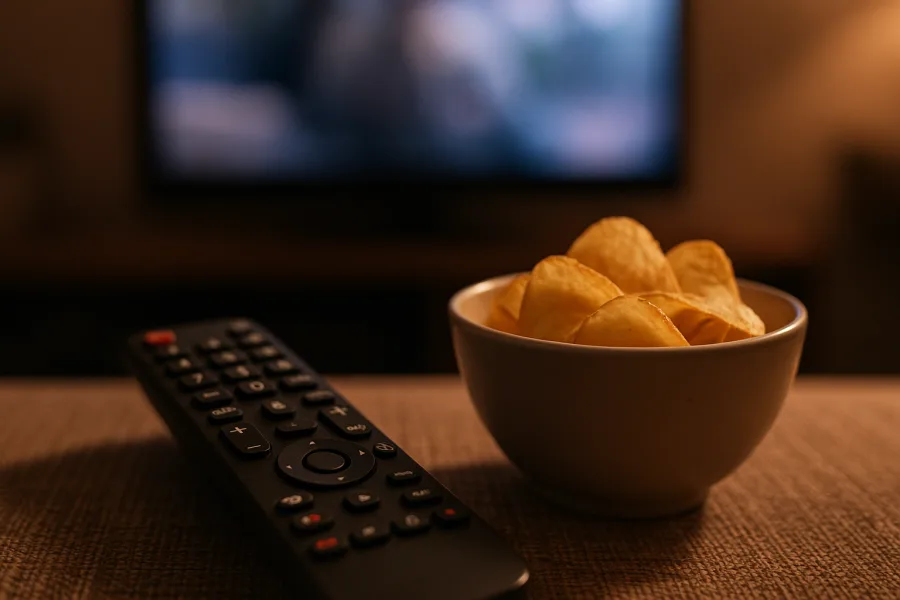 Telecomando e snack sul tavolino davanti alla tv accesa