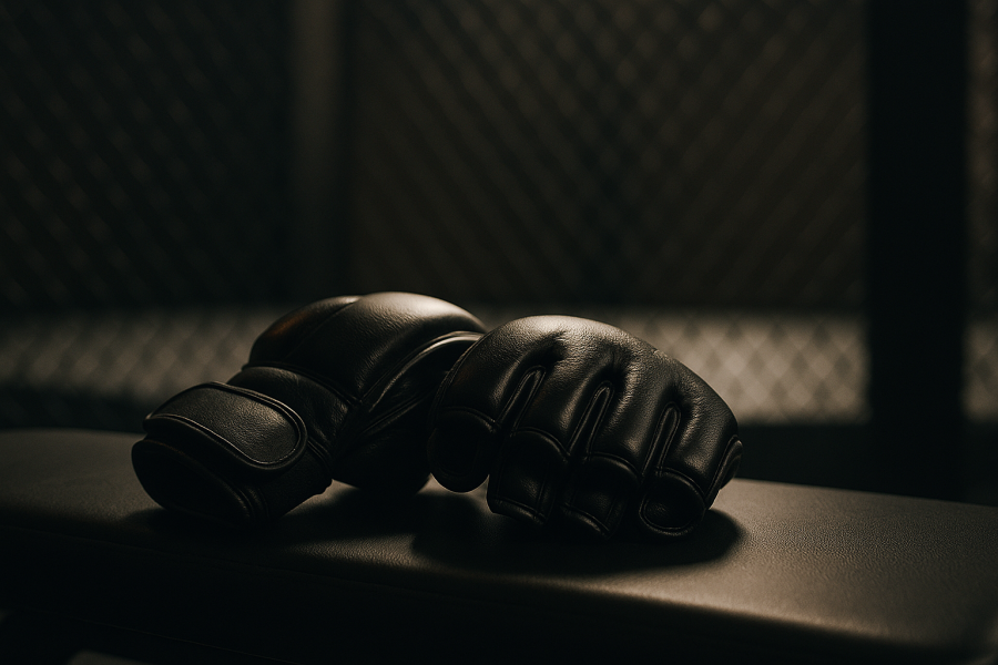 Guantini da MMA su panca in una palestra illuminata