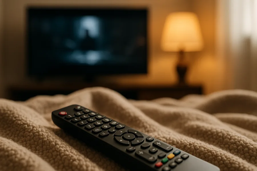 Televisore sfocato e telecomando per una serata cinema in casa