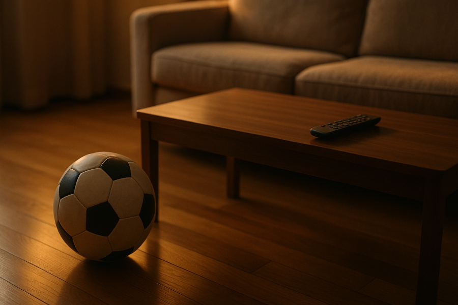 Pallone da calcio e telecomando pronti per la partita in tv