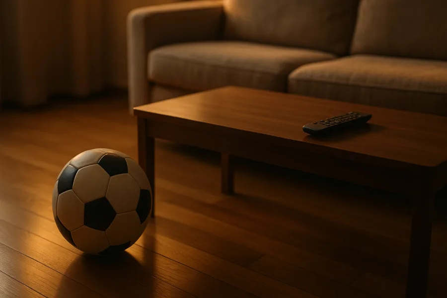 Pallone da calcio e telecomando pronti per la partita in tv