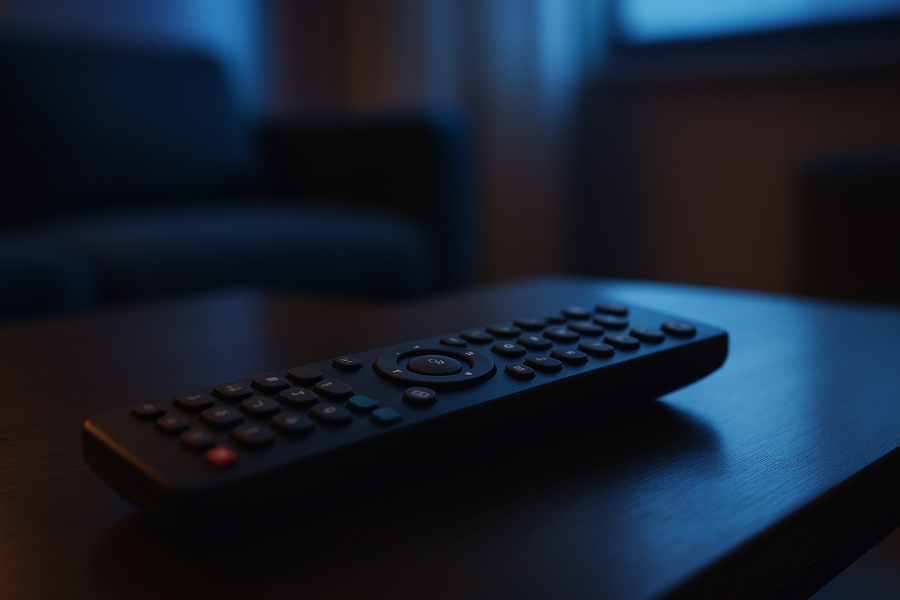 Telecomando su tavolino con luce blu della televisione