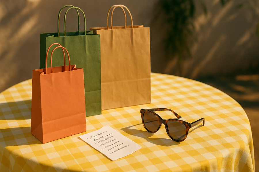 Sacchetti shopping e lista acquisti su tavolo estivo