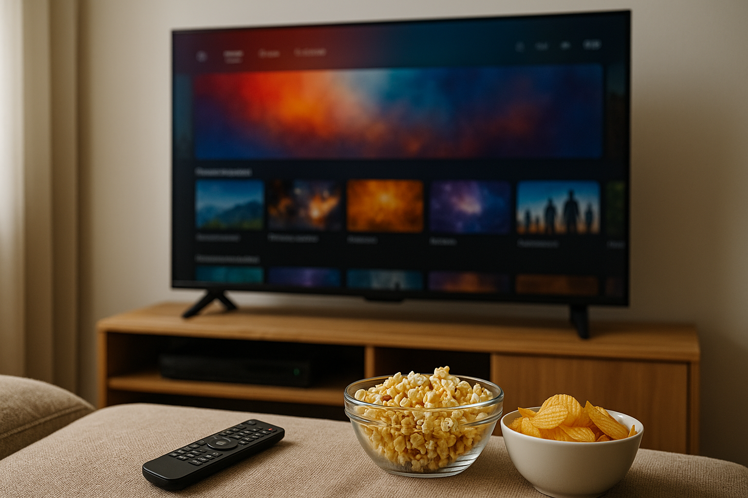 Schermo tv e telecomando per scegliere film e serie in streaming