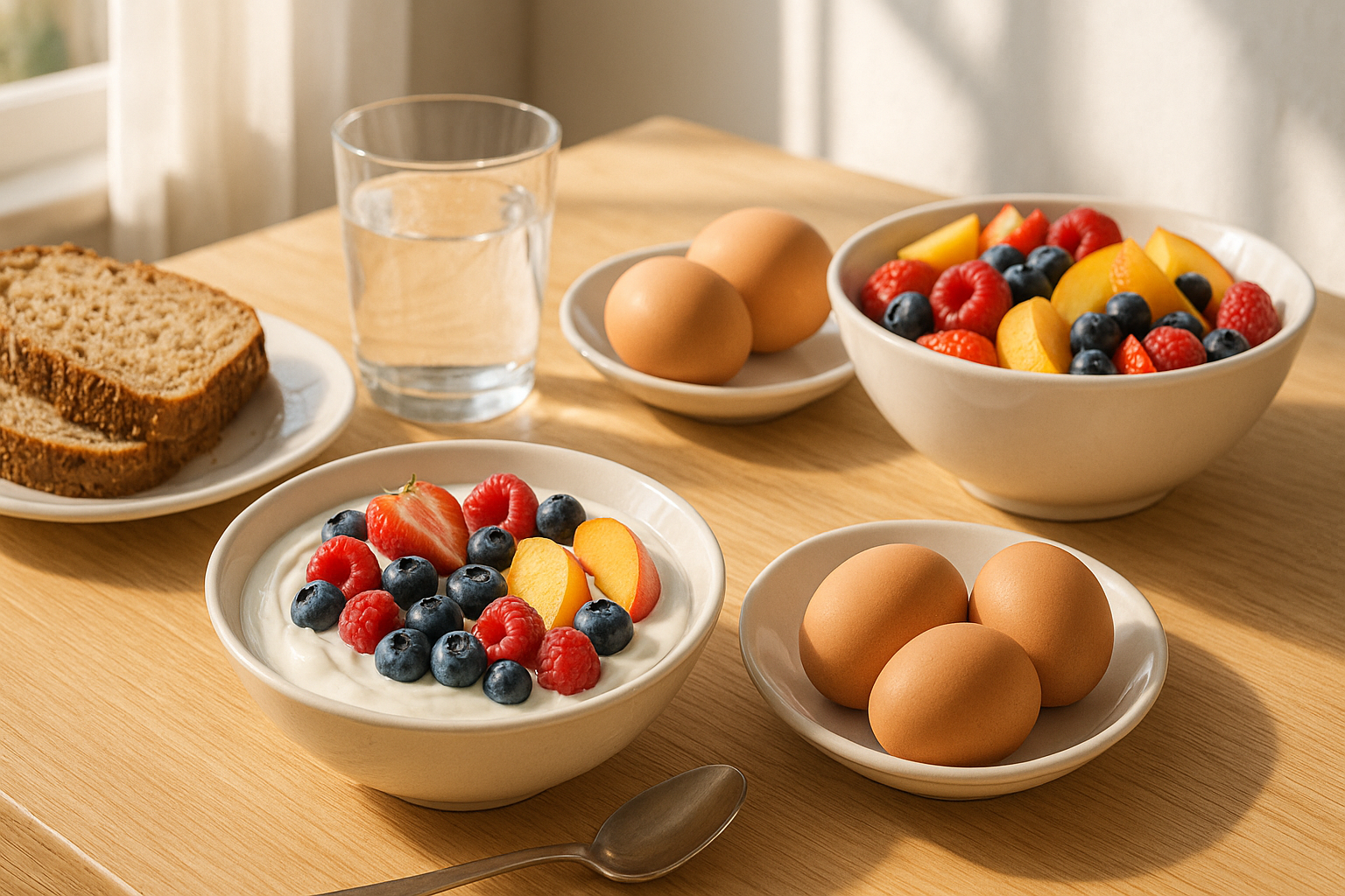 Colazione proteica estiva con yogurt frutta e pane integrale