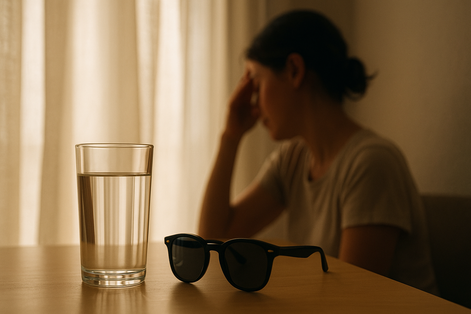 Acqua occhiali da sole e riposo per il mal di testa da caldo