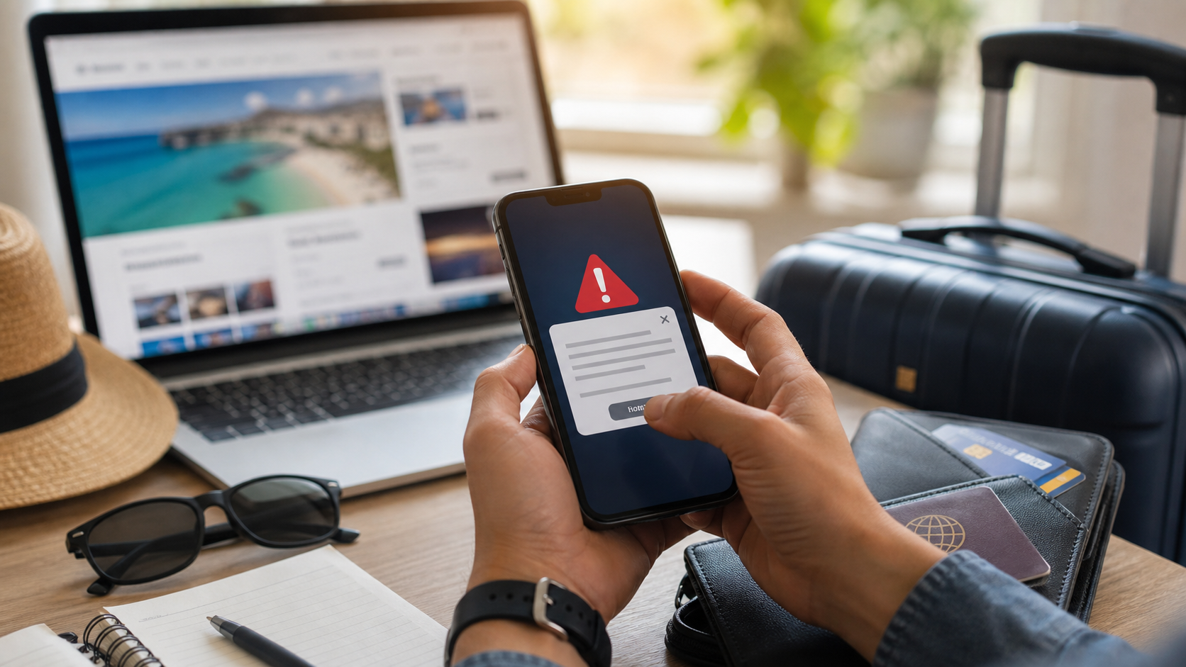 Smartphone e laptop con prenotazione viaggio sospetta