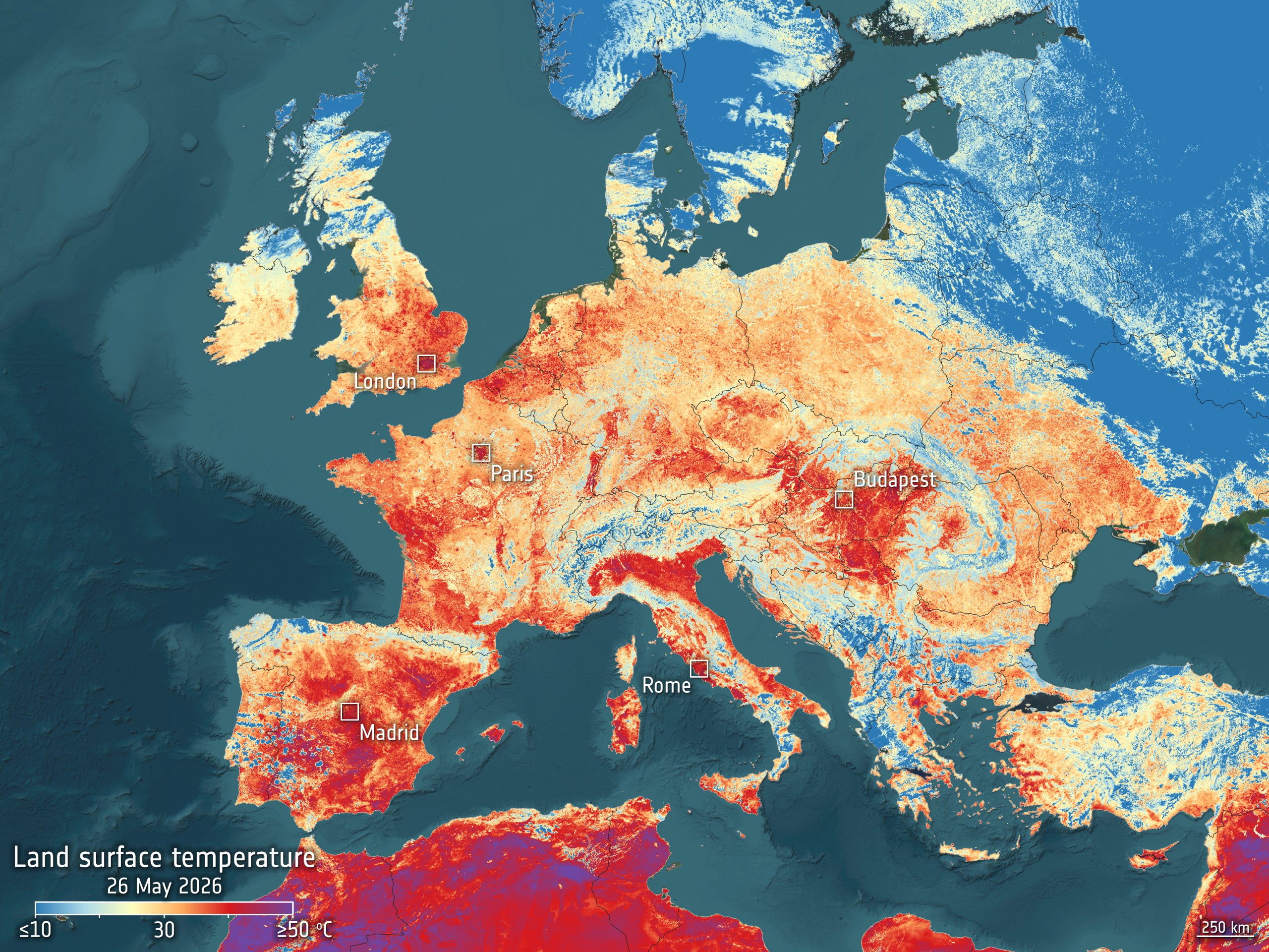 Mappa satellitare ESA delle temperature superficiali in Europa con l’Italia evidenziata dal caldo