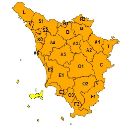 Mappa della Toscana in allerta arancione per temporali il 26 luglio 2026