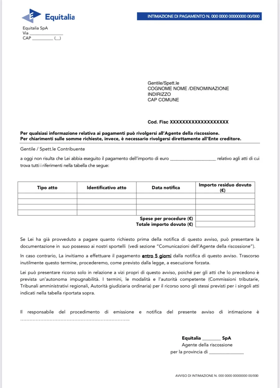 Facsimile di intimazione di pagamento usato come esempio di atto della riscossione