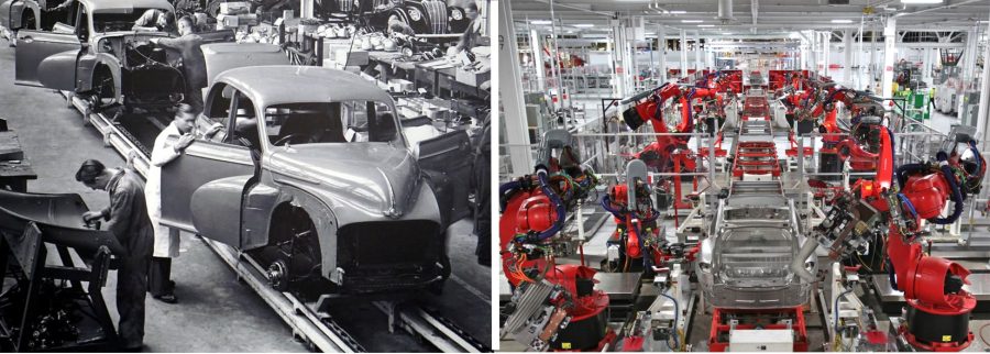 Linea di produzione manifatturiera con operai e robot industriali