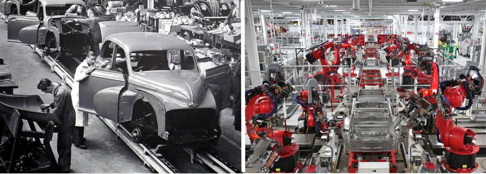 Linea di produzione manifatturiera con operai e robot industriali