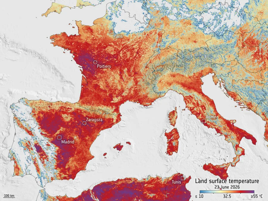 Mappa ESA Copernicus delle temperature superficiali in Europa e Italia durante l'ondata di calore 2026