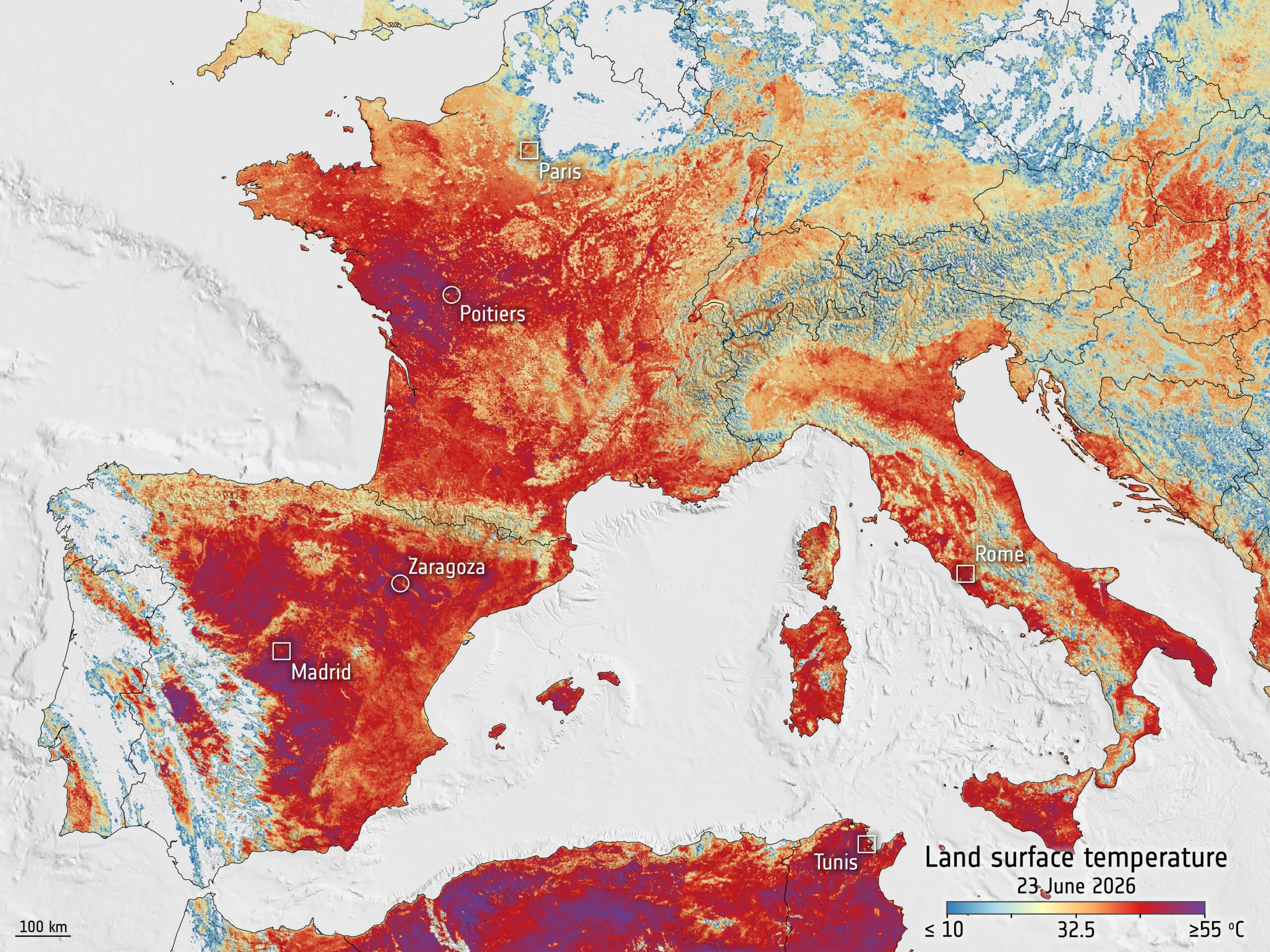 Mappa ESA Copernicus delle temperature superficiali in Europa e Italia durante l ondata di calore 2026