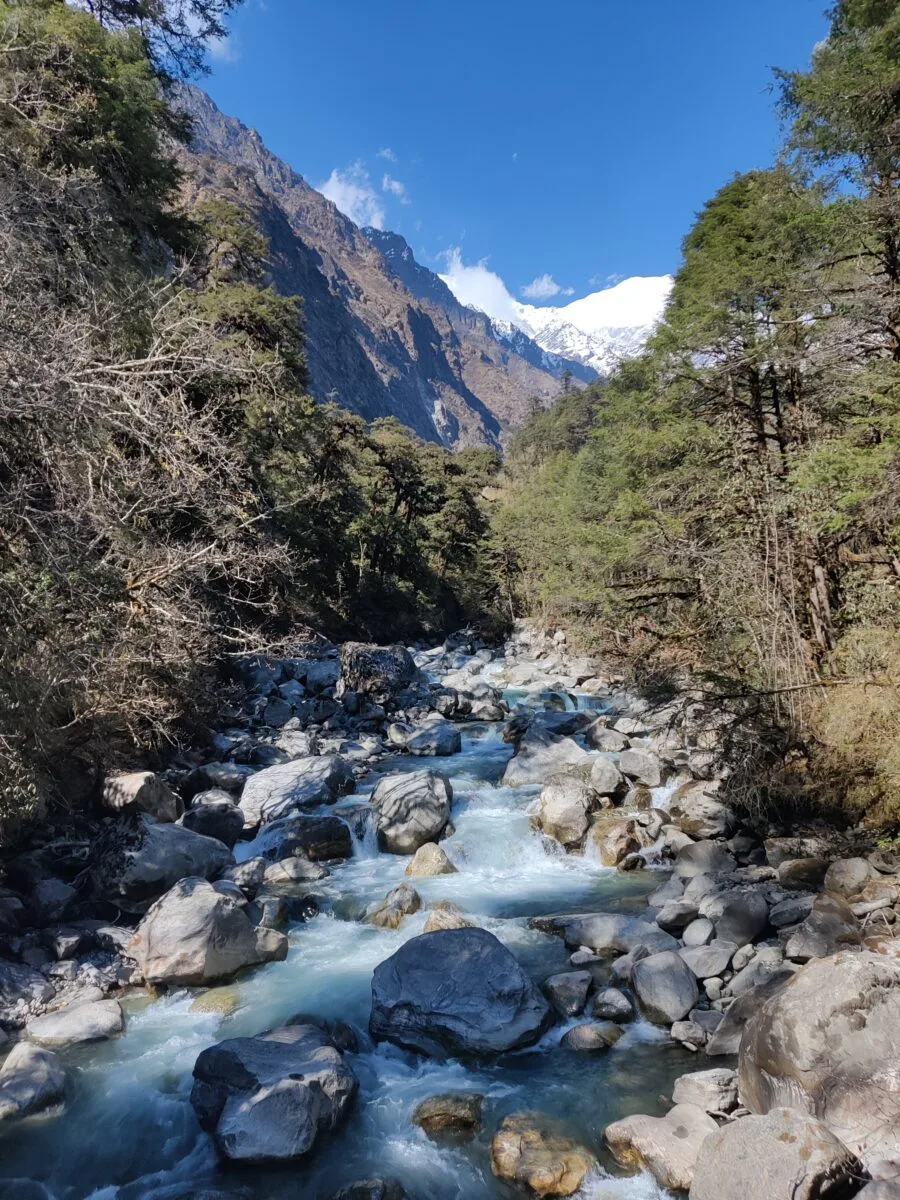 Torrente Langtang Khola tra rocce e montagne nel distretto di Rasuwa in Nepal