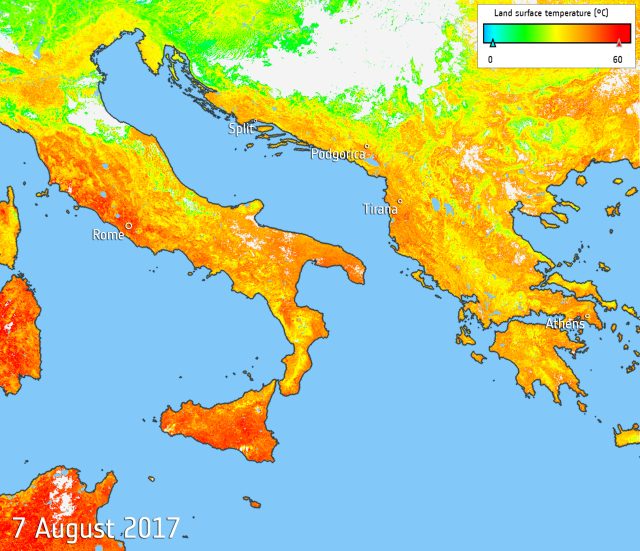 Temperature superficiali nel Sud Europa durante un ondata di calore