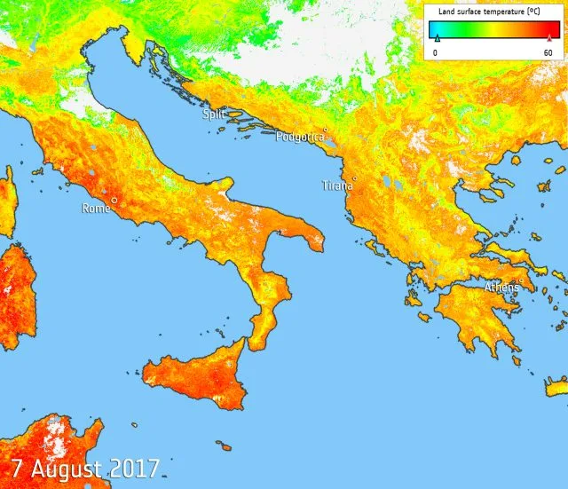 Temperature superficiali nel Sud Europa durante un ondata di calore