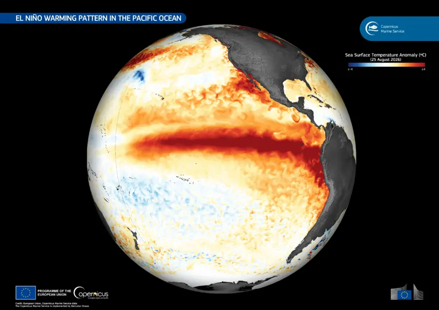 Visualizzazione Copernicus dell'anomalia calda El Nino nel Pacifico il 25 agosto 2026