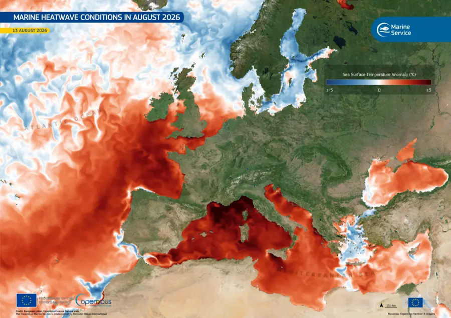 Mappa Copernicus delle anomalie di temperatura marina in Europa e Mediterraneo ad agosto 2026