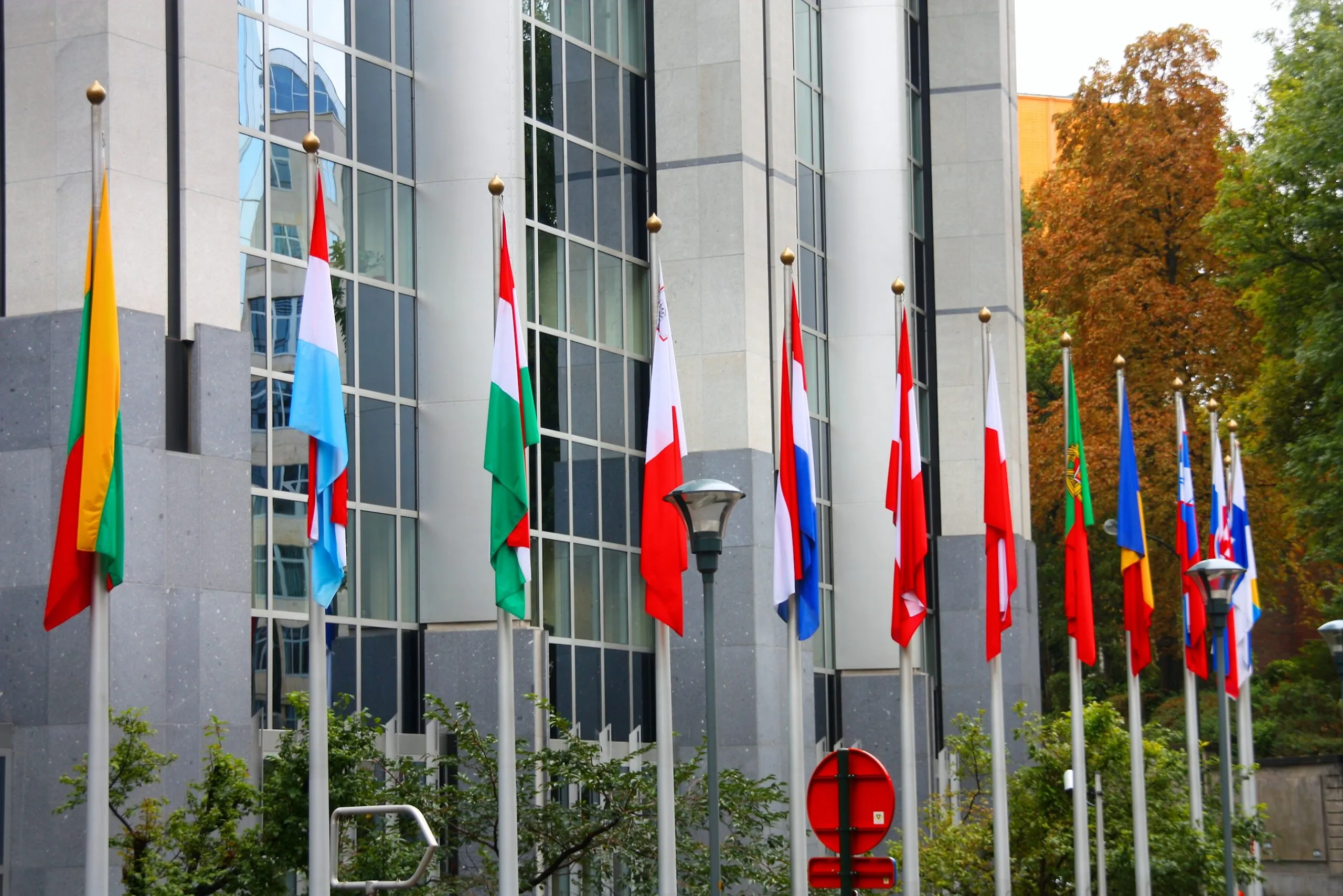 Bandiere degli Stati membri dell Unione europea davanti al Parlamento europeo a Bruxelles