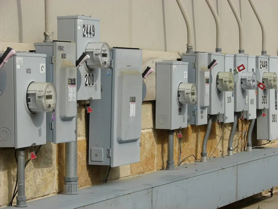Fila di contatori elettrici installati su una parete esterna