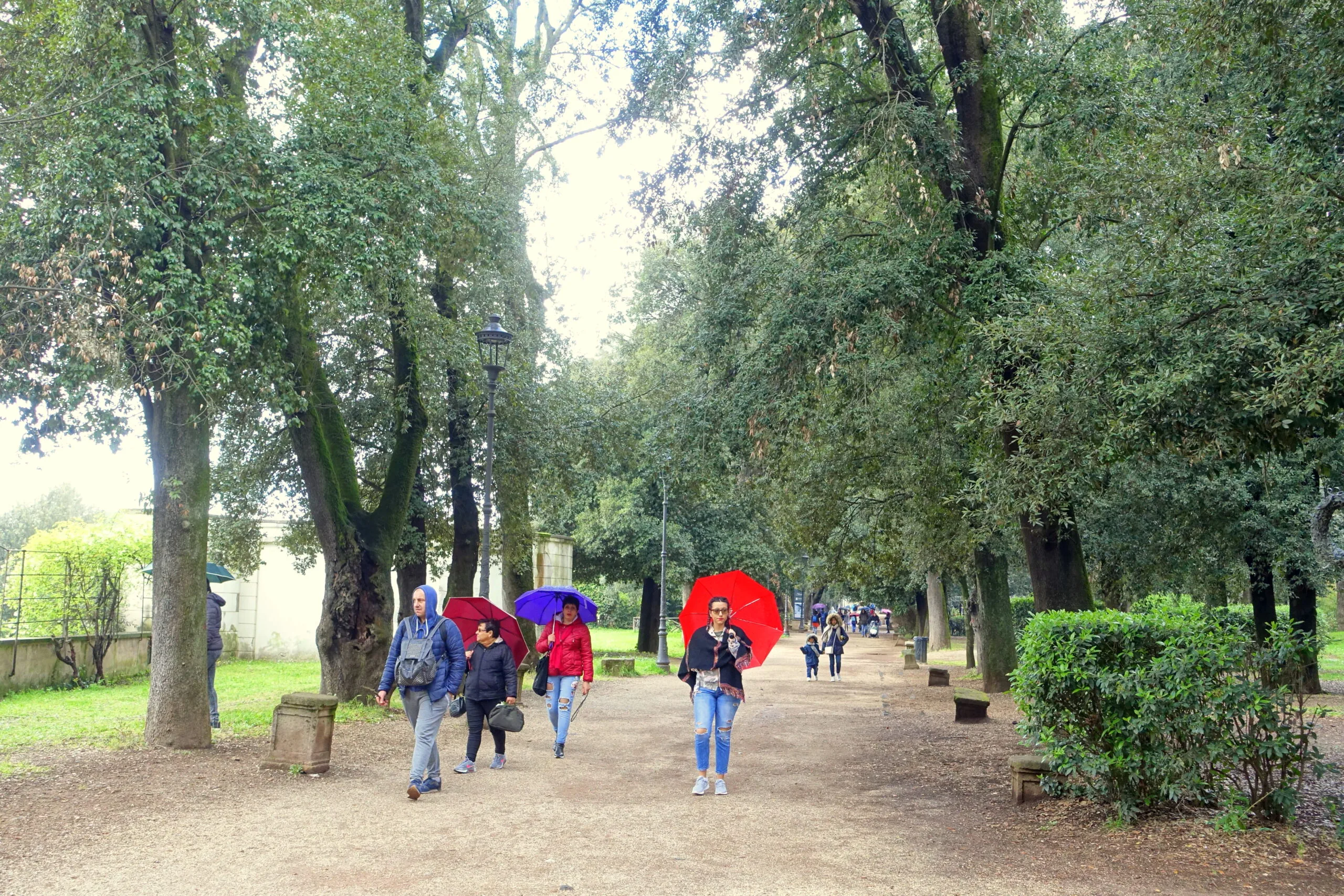 Persone con ombrelli sotto la pioggia a Villa Borghese a Roma
